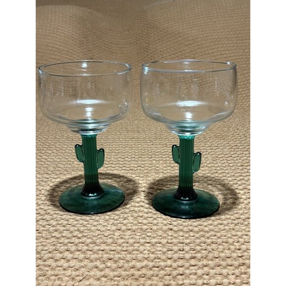 Libbey Other - Libbey Glass Cactus Margarita 12 OZ Stemmed Glassed Set Of 2 Green/Clear